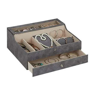 Image of Relaxdays Jewellery Organiser with Lid, Leather Look, Velvet, Jewelry Box for Ladies &amp; Gents, HWD: 13 x 34 31cm, Grey