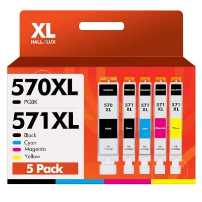 Image of HALLOLUX 5 Pack 570XL 571XL Ink Cartridges High Yield Replacement Canon PGI CLI Compatible w/PIXMA MG5700 MG5750 MG5751 MG6851 TS5050 TS5051 TS6050 MG7750 MG6800 MG6850 (PGBK/B/C/M/Y)