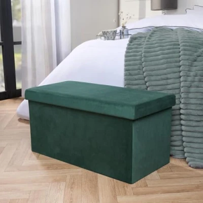 Image of OHS Rectangle Ottoman Storage Box, Forest Green Matte Velvet Padded Foldable Bench with Hidden &amp; Lid Upholstered Footrest For Living Room Bedroom Space Saving Organising Box