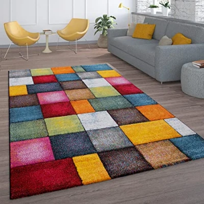 Image of Paco Home Short Pile Living Room Rug Check Design Colourful Squares Multi Coloured Colourful, Size:200x290 cm