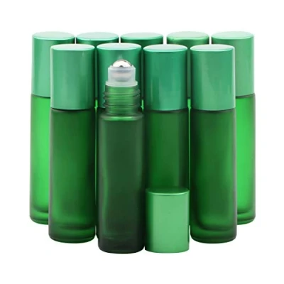 Image of Rowiz 10PCS 10ml Green Frosted Glass Bottle Leakproof Essential Oil Roller Bottles Set With Stainless Steel Balls And Anodized Aluminum Screwcap For Perfume &amp; Aromatherapy Oils