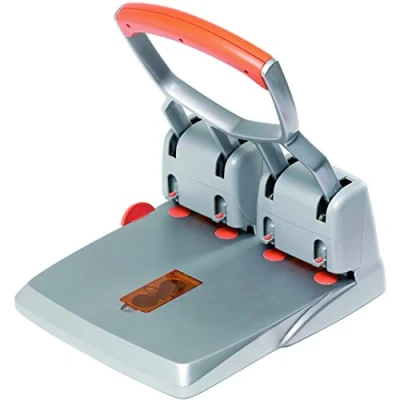 Image of Rapid Supreme HDC150 Heavy Duty 4 Hole Punch, Punches up to 150 Sheets, Adjustable Guide Bar, Ergonomic Handle, Silver/Orange, 23223100