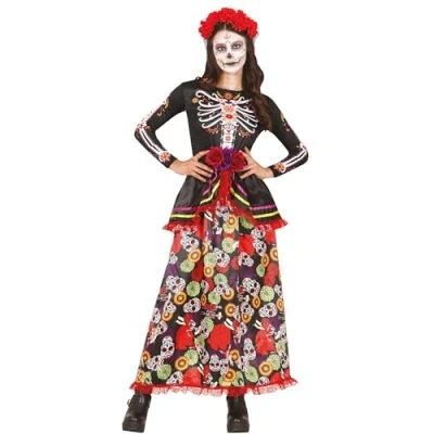 Image of FIESTAS GUIRCA Day of the Dead Long Dress with Skull Print and Flowers Headband Fancy Costume Adult Woman Size M 10 12