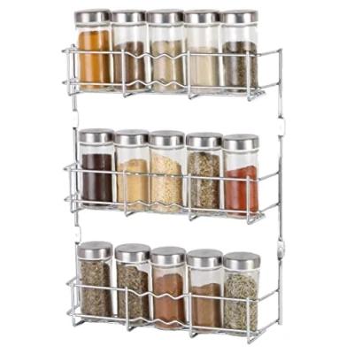 Image of Buckingham 3 Tier Chrome Back of Cupboard Door Spice Jar and Packet Rack Wall Mounted Shelf Organiser, Narrow Doors, Premium Quality (3 Tier)