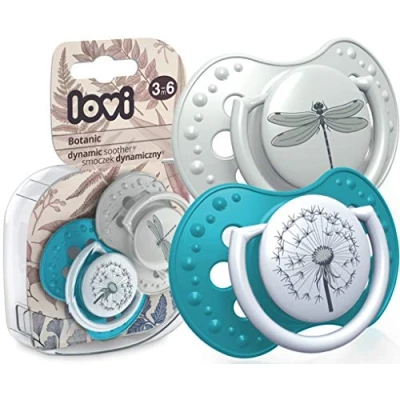 Image of LOVI 2X Silicone Soother 3 6 Months Baby Pack of 2 Hygenic Cover Dynamic Tip Enables Free Breathing Botanic Collection Grey