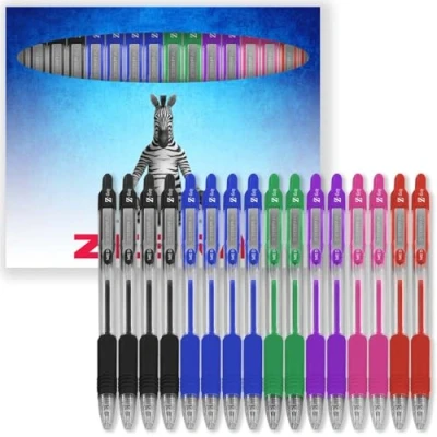 Image of Zebra Pen Z Grip Retractable Ballpoint Pens 1.0mm Nib Pack of 16 In Cardboard Gift Box School, Writing, Work, Office (Assorted)