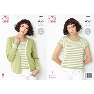 Image of King Cole 5847 Knitting Pattern Womens Cardigan and Cap Sleeved Top in Giza Cotton 4 Ply