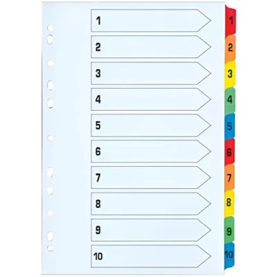 Image of indigo® Dividers, A4, Index Multipunched Mylar Reinforced Multicolour Tabs White (1 10, Pack of 1)