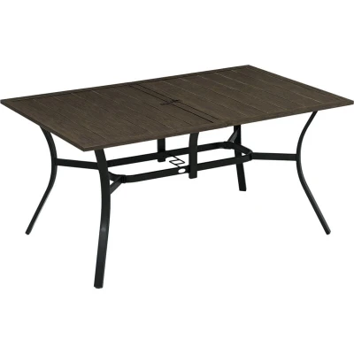 Image of Outsunny Garden Table with Parasol Hole, Outdoor Dining Wood Grain Tabletop and Steel Frame for Patio, Deck, Balcony, Brown, 150 x 96 73cm