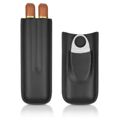 Image of cgaplus 2 Finger Leather Cigar Case with Cutter Lined Humidor Portable Travel Black