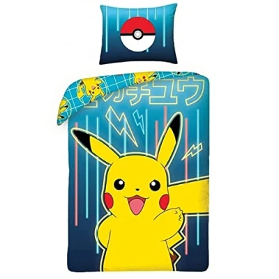 Image of Halantex Bed Linen Set Pokemon Picachu Yellow Blue, 2 Pieces Set. 140x200 cm + 1 Pillowcase. 100% Cotton Oeko Tex