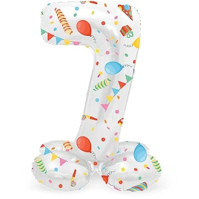 Image of Folat 63967 Standing 7 Joyful Party White with Gifts 72 cm Birthday Decoration, Balloon Number, No Helium Required, Multicoloured, Standard Size