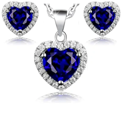 Image of Crystalline Azuria Women Girls 18ct White Gold Plated Blue Simulated Sapphire Zirconia Crystals Hearts Set Pendant Necklace 17.7 inches Stud Earrings