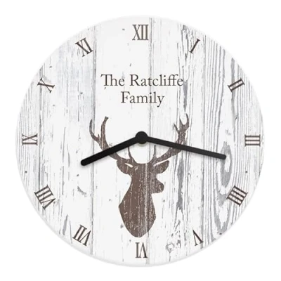Image of CalEli Gifts Personalised Highland Stag Shabby Chic Wooden Clock Scottish Themed Gift. Ideal Present For A Housewarming, Engagement, Wedding