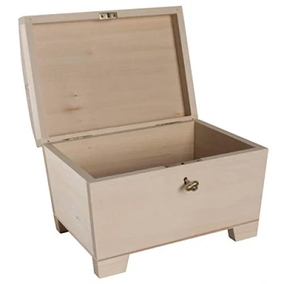 Image of Wooden Storage Treasure Chest with Key Lock &amp; Curved Lid 20 x 14 12.5 cm Trinket Keepsake Gift Decorative Lockable Box Unpainted Untreated Plain Lindenwood