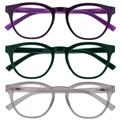 Image of OPULIZE Blu Blue Light Blocking Glasses 3 Pack Cool Round Frame Spring Hinges Improve Sleep Computer Gaming Anti Reflective Purple Green Ice Mens Womens BBB5 56C +0.00