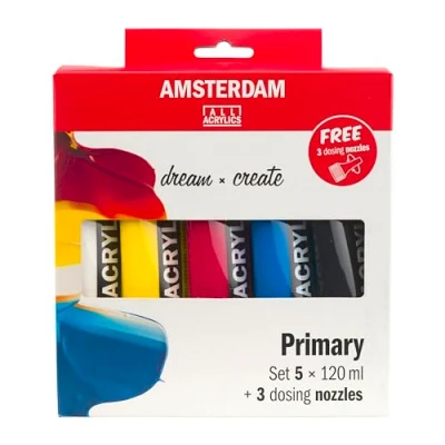 Image of Amsterdam Standard Series Acrylic Paint Mixing Set (5 x 120 ml Tubes) Primary Colors + Black &amp; White 3 Free Dosing Nozzles