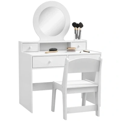 Image of AIYAPLAY Kids Dressing Table with Mirror and Stool, Vanity Make up Set Storage Drawers Gift for Aged 38 Years Old White