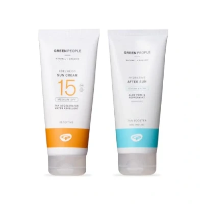 Image of Green People Edelweiss SPF15 Sun Cream &amp; After Bundle 2 x 200ml Natural, Organic Sunscreen with Tan Accelerator Sensitive Skin Non Comedogenic, Greasy Reef Safe, Cruelty Free