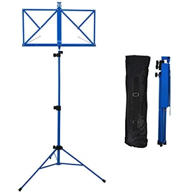 Image of A Star Folding Music Stand, Lightweight, Height Adjustable Metal Sheet Holder with Carrying Bag Blue
