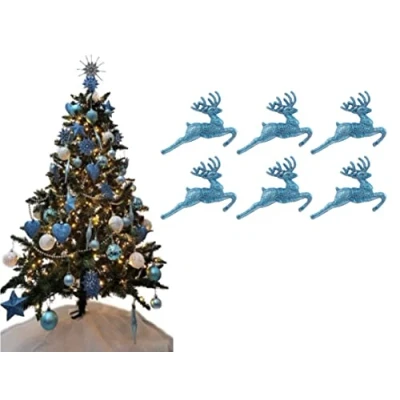 Image of Simply Products Pack of 6 Hanging Glitter Reindeer Christmas Tree Decorations 2.2cm x 9.5cm (Ice Blue)