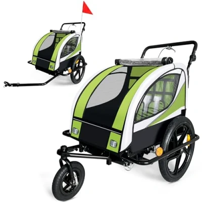 Image of SAMAX Children Bike Trailer 2in1 Kids Jogger Stroller with Suspension 360 rotatable Childs Bicycle Transport Buggy Carrier for 2 in Green Black Frame
