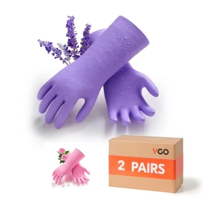 Image of Vgo... 3 pairs Heavy Duty Cleaning Gloves Lined Nylon, Household Reuseable in TPE Latex Free, Thicker Washing Up for Kitchen Bathroom Gardening Painting, with Flower Flavor