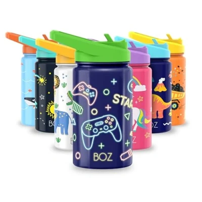 Image of BOZ Kids Insulated Water Bottle with Straw Lid, Stainless Steel Vacuum Double Wall Cup, 14 oz (414ml). Scratch Resistant Cute Print and Carry Handle, BPA Free Dishwasher Safe (Game)