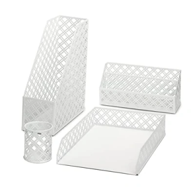 Image of Exerz Desk Organiser 4 Pieces/Office Set/Desktop Metal Mesh Filing Including: A4 Letter Tray x 1, Magazine Rack/Upright Document Holder Sorter x1, Pen 1 (White)