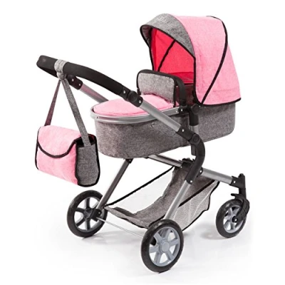 Image of Bayer Design 18125AA Dolls Pram City Neo with bag and underneath shopping basket, convertible to a pushchair, modern design, grey rose pink