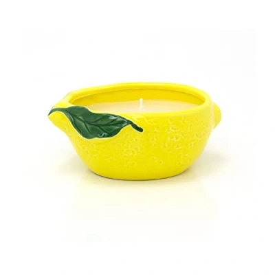 Image of Lemon Shaped Candle Holder With Citronella Scented Outdoor Citron Fragrance Ceramic Patio Garden