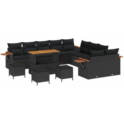 Image of vidaXL 14 Piece Garden Sofa Set with Cushions Black Poly Rattan Acacia