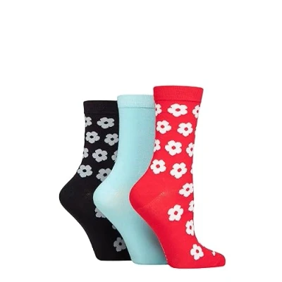 Image of Women&#039;s 3 Pair SOCKSHOP Wildfeet Patterned Bamboo Socks Flowers Red / Blue Navy 4 8