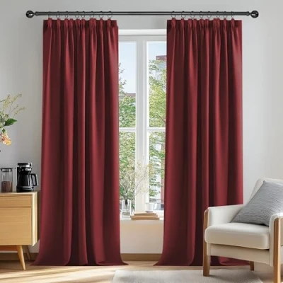 Image of Deconovo Super Soft Thermal Insulated Pencil Pleat Curtains Blackout for Kitchen 90 x Red Two Panels