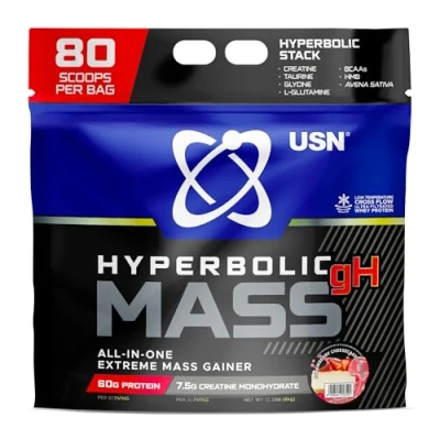 Image of USN Hyperbolic Mass Strawberry Cheesecake 6kg: High Calorie Gainer Protein Powder for Muscle Building and Weight Gain Improved Formula &amp; Flavour with 7.5g Creatine Monohydrate Less Sugar