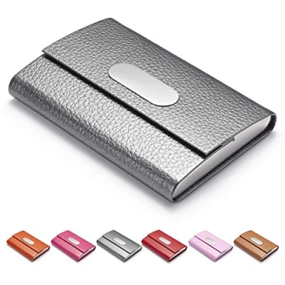 Image of FACATH Business Card Holder for Women, PU Leather &amp; Stainless Steel Name Wallet Credit Metal Pocket Carrier with Magnetic Shut Gray