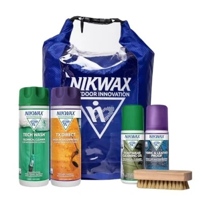 Image of Nikwax OUTDOOR COMPLETE PROTECTION KIT, Cleaning &amp; Waterproofing for Shoes and Clothes, Spray Protector, Tech Wash Cleaner + TX Direct Shoe Gel Fabric Leather Proof Brush Dry Bag