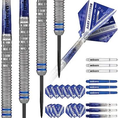 Image of Unicorn Steel Tip Darts Set Gary &#039;The Flying Scotsman&#039; Anderson Phase 5 World Champion 90% Natural Tungsten Barrels with Blue Accents 25 g