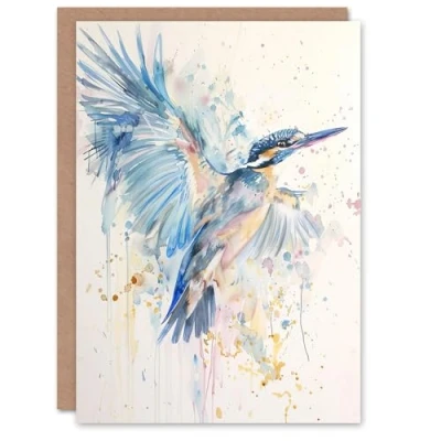 Image of Artery8 Kingfisher Bird in Flight Watercolour Painting Greeting Birthday Card Him Her All Blank
