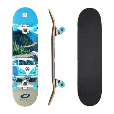 Image of Osprey Volkswagen Professional Skateboard for Beginners 31 Inch Double Kick Concave Adult with ABEC 7 Bearings 100KG Max User Weight Official VW Designs
