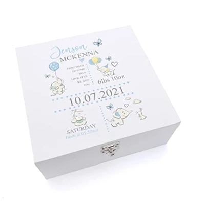 Image of ukgiftstoreonline Personalised Baby Boy Elephants Design Keepsake Wooden Box Gift