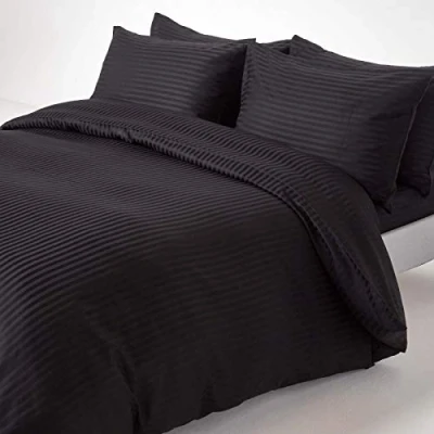 Image of HOMESCAPES Black Pure Egyptian Cotton Duvet Cover Set Super King 330 TC 500 Thread Count Equivalent Satin Stripe Quilt 2 Pillowcases Included Bedding