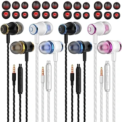 Image of 4 Pairs earphones Heavy Bass Stereo Earbuds with Remote &amp; Microphon,Laptops,Gaming Noise Isolating Tangle Free Headsets in Ear