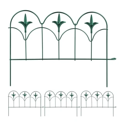 Image of Relaxdays Metal Garden Fence, Set of 4 Elements with Decorations, HxW: 28 x 38.5 cm, Flower Bed Edge to Plug in, Green, Steel, 1.5 cm