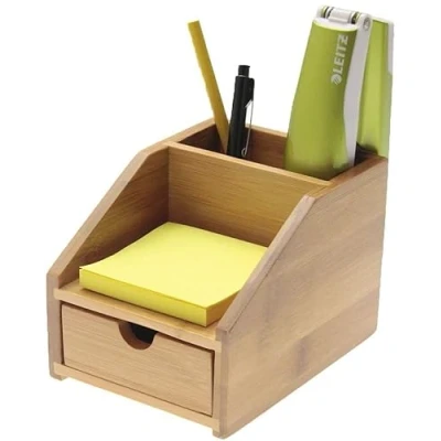 Image of Woodquail Small Desk Tidy Stationery Organiser with Drawer, Made of Natural Bamboo