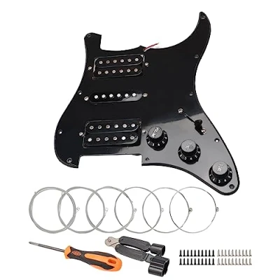 Image of Unxuey 10 Hole Loaded Prewired Pickguard Guard Plate with Black HSH Pickup Parts for Fender Strat Guitar, Guitar Strings and Installation Tool