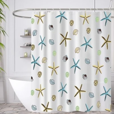 Image of Minicoco Shower Curtain PEVA Curtains Mould Proof &amp; Mildew Resistant Bathroom with 12 Hooks, 180 x cm (Yellow Starfish)