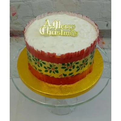 Image of Christmas Cake Frill 1 Metre 83mm Red with Gold Holly Berry Foil Band &amp; Merry Motto Set The Complete Decoration Topper