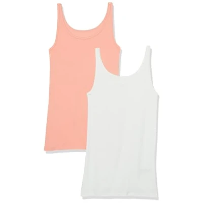 Image of Amazon Essentials Women&#039;s Slim Fit Thin Strap Tank Top, Pack of 2, Coral Pink/White, XS