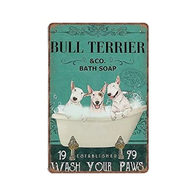 Image of DAIERCY Bull Terrier And Co Bath Soap Wash Your Paws Dog Tin Signs Funny Vintage Metal Sign Plaqu Poster Wall Art Pub Bar Kitchen Garden Bathroom Home Decor, 20x30 cm